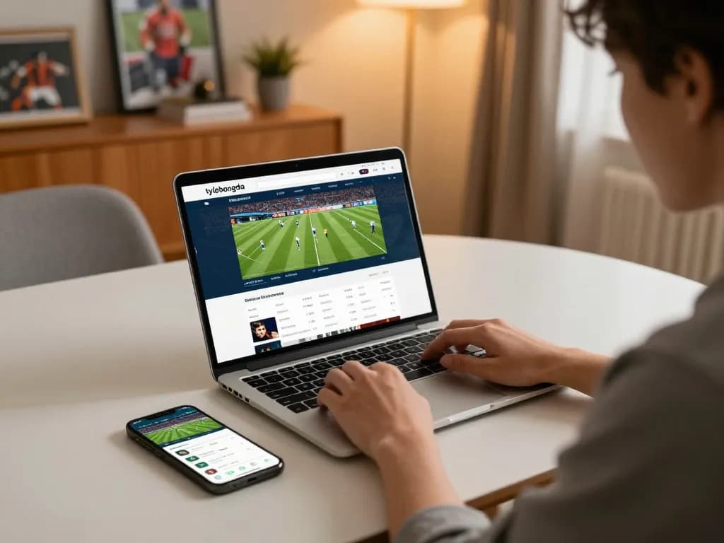 Engaged bettor exploring live football odds on tylebongda website from a cozy home setting.