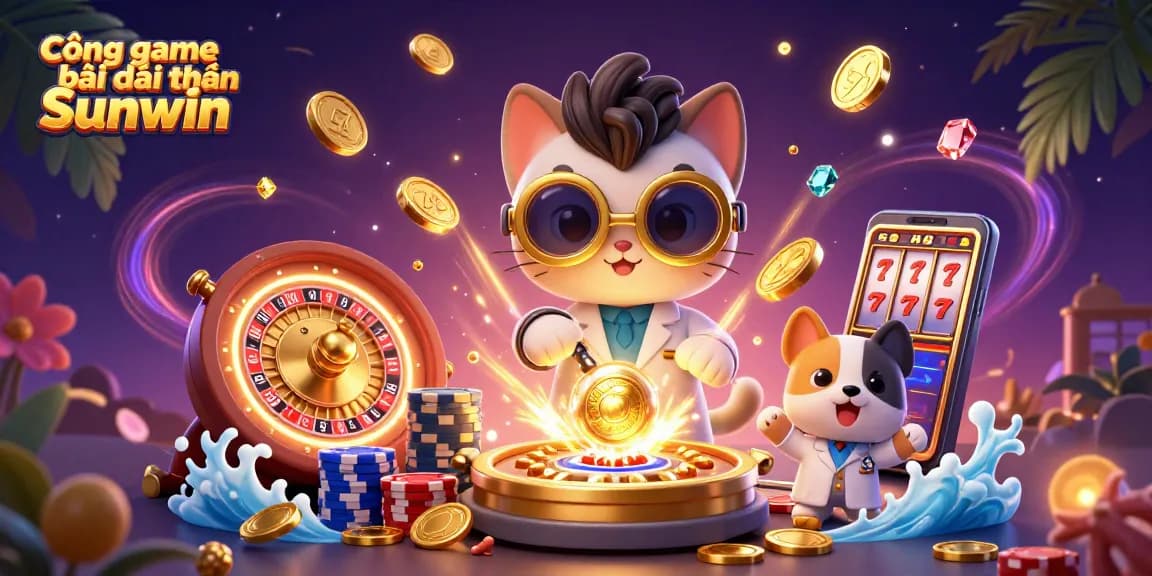 Experience the excitement of Cổng game bài đổi thưởng Sunwin with vibrant casino elements and characters.