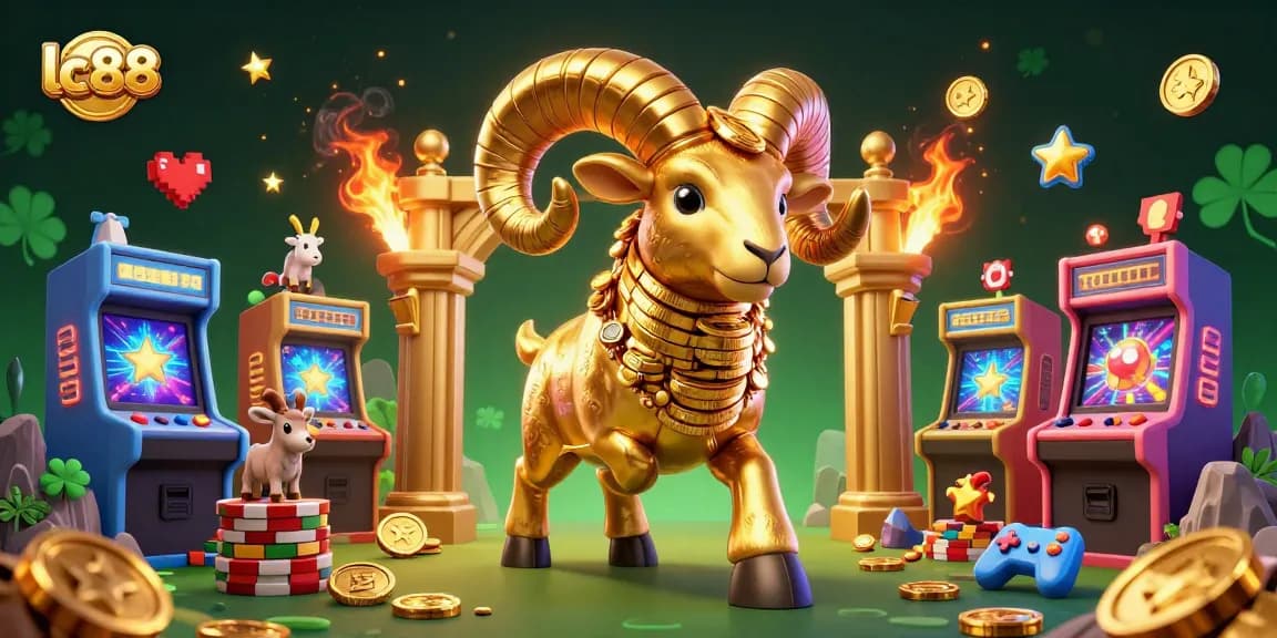 Engage in thrilling lc88 gaming with a massive golden ram charging through colorful casino machines.