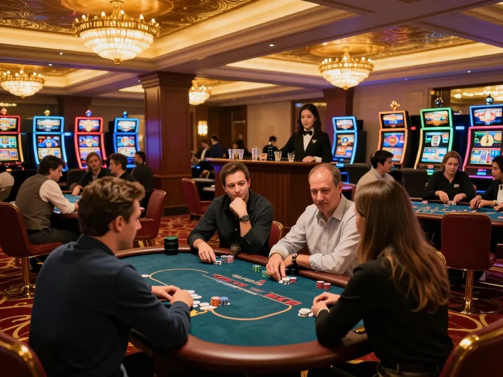 Players strategizing at a poker table in a luxurious casino, showcasing casinosscope gameplay.
