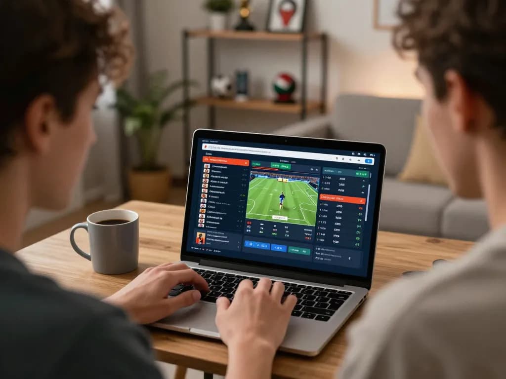 Engaging in sports betting on a laptop while tracking m118 odds in a cozy home environment