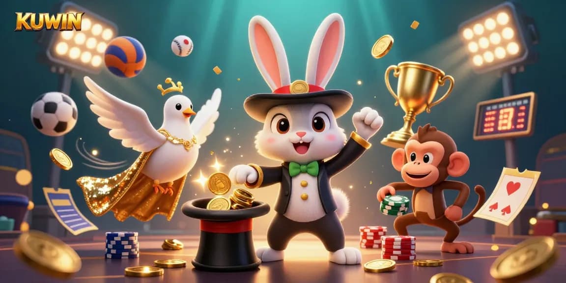 KUWIN showcases lively gambling with a magician rabbit, glittering coins, and sports elements.