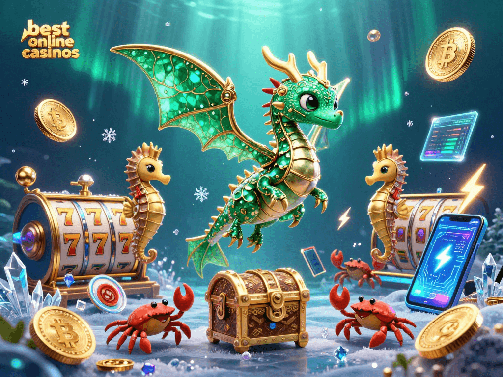 Explore the best online casinos with vibrant 3D illustration of slot machines and crypto elements.