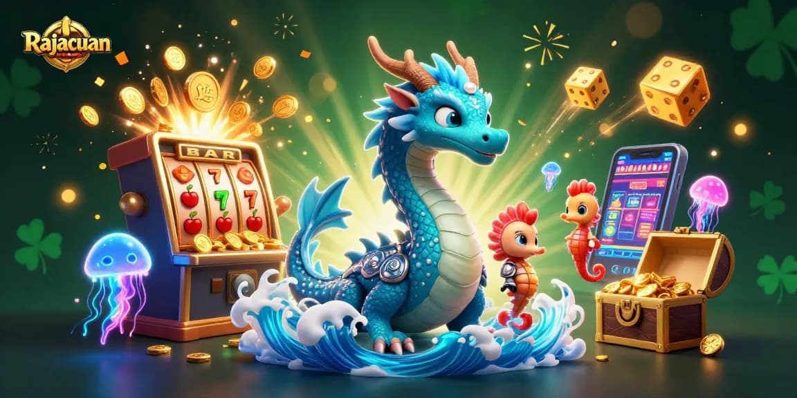Memenangkan jackpot di Rajacuan dengan naga air 3D dan simbol keberuntungan, pengalaman kasino yang menggembirakan.