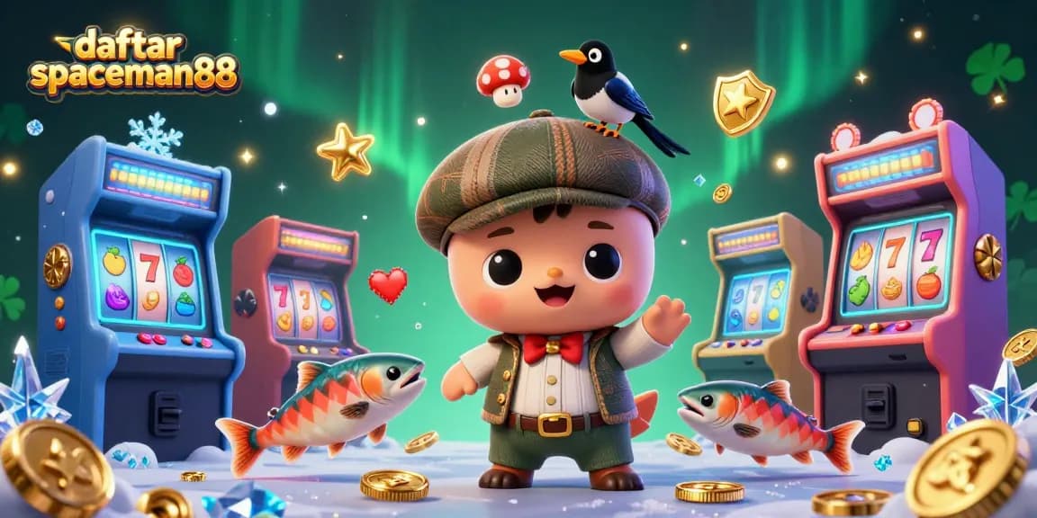 Spin the reels with daftar spaceman88 in an immersive 3D cartoon casino scene featuring lively characters and gaming elements.