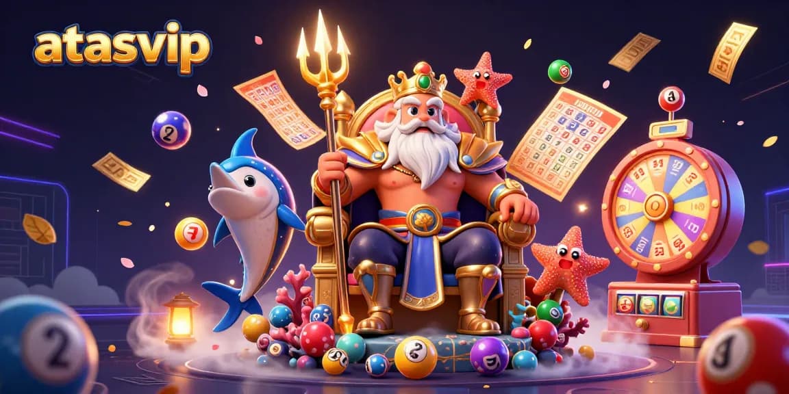 Play exciting games at atasvip with vibrant lottery balls and dynamic casino elements in a lively 3D illustration.