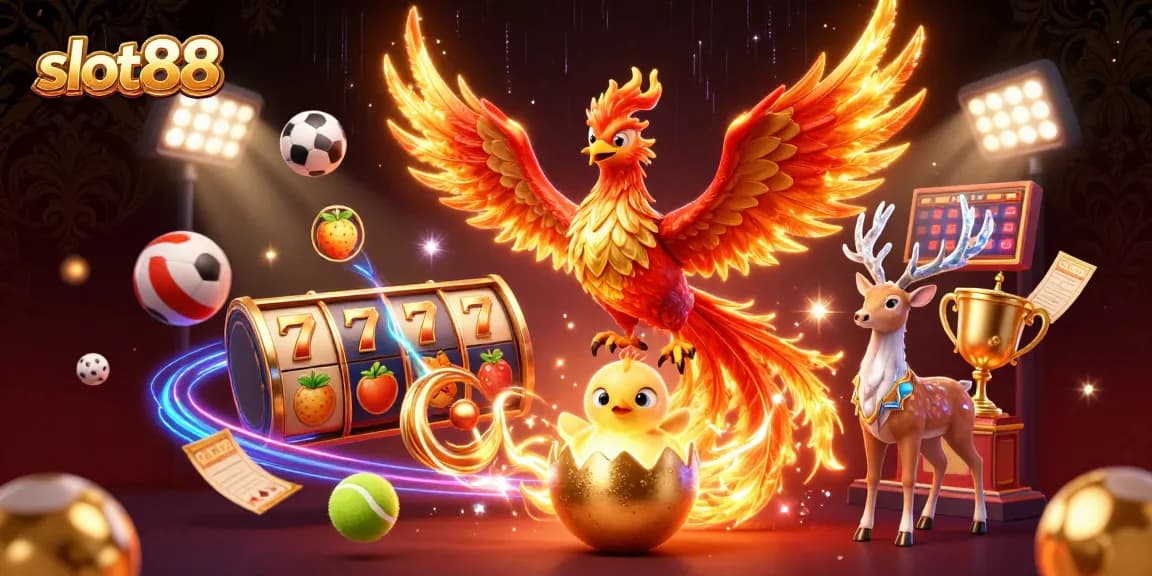 Experience the excitement of slot88 with vibrant characters and dynamic gaming elements in this 3D illustration.