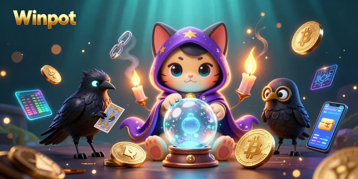 Winpot features a mystic cat fortune teller, glowing tarot raven, and vibrant crypto elements in a lively casino scene.