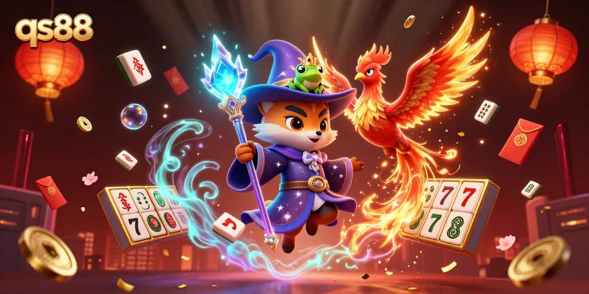qs88 online casino illustration showing a magical fox, phoenix, and gaming elements