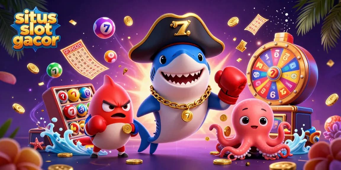 Situs slot gacor menawarkan permainan menarik dengan karakter lucu, koin emas, dan bola lotere berwarna-warni.