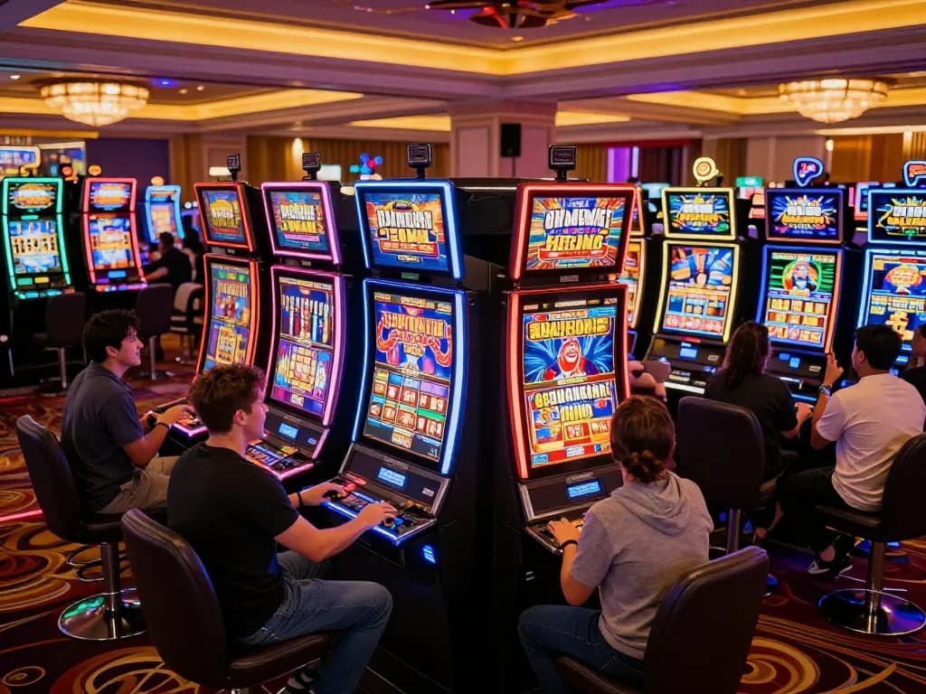 Engaged players spinning link slot machines with bright displays in a vibrant casino.