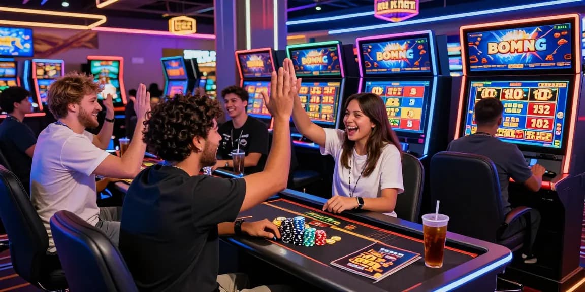Players enjoying bonus buy slots at chagency.co.uk casino, celebrating wins in a vibrant digital gaming atmosphere.