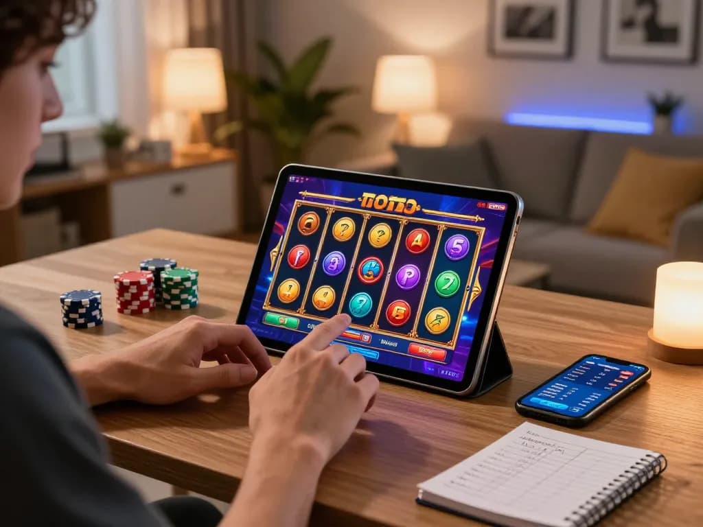 Engaged player spinning the reels on a toto slot game on tablet, showcasing a vibrant home gaming atmosphere.