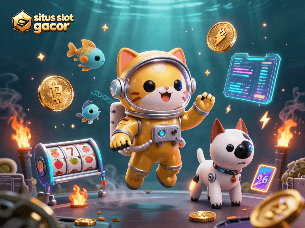 Spin winnings with situs slot gacor themed 3D illustration showcasing slots and crypto elements.
