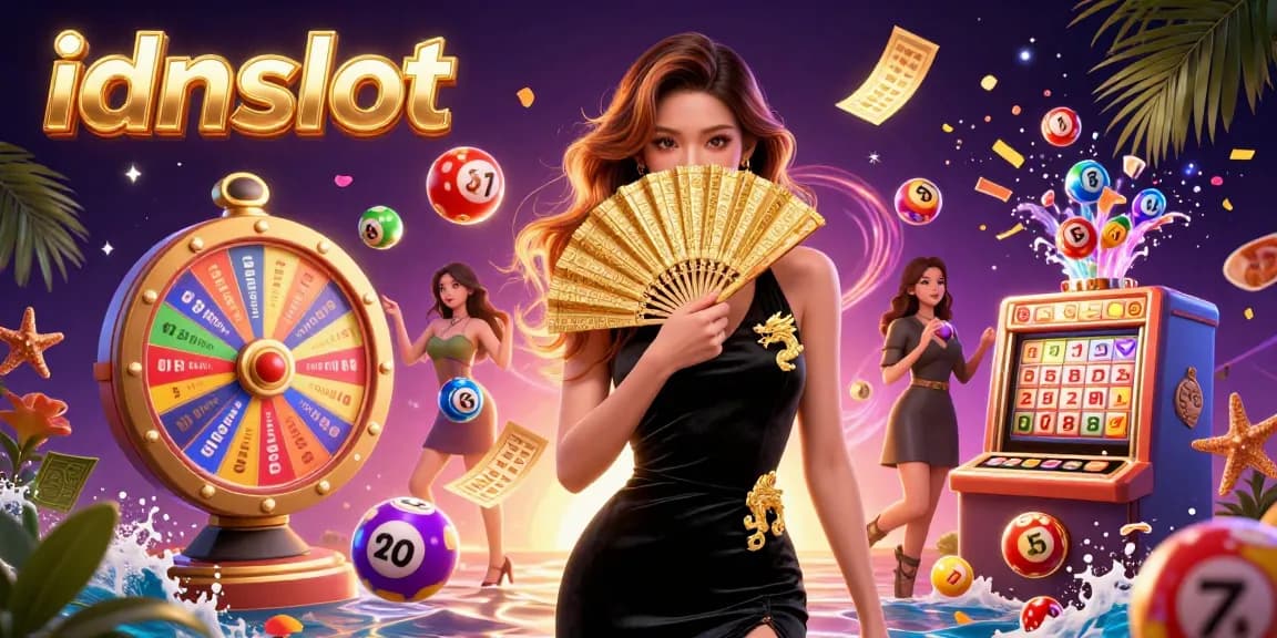 Engage with idnslot's dynamic world featuring vibrant lottery elements and a captivating character illustration.