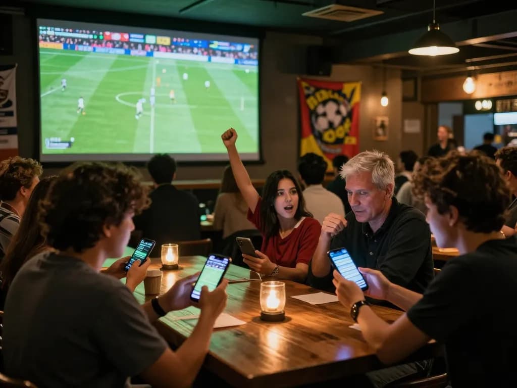 Fans engaging with luongsontv while checking live betting odds in a lively bar atmosphere.