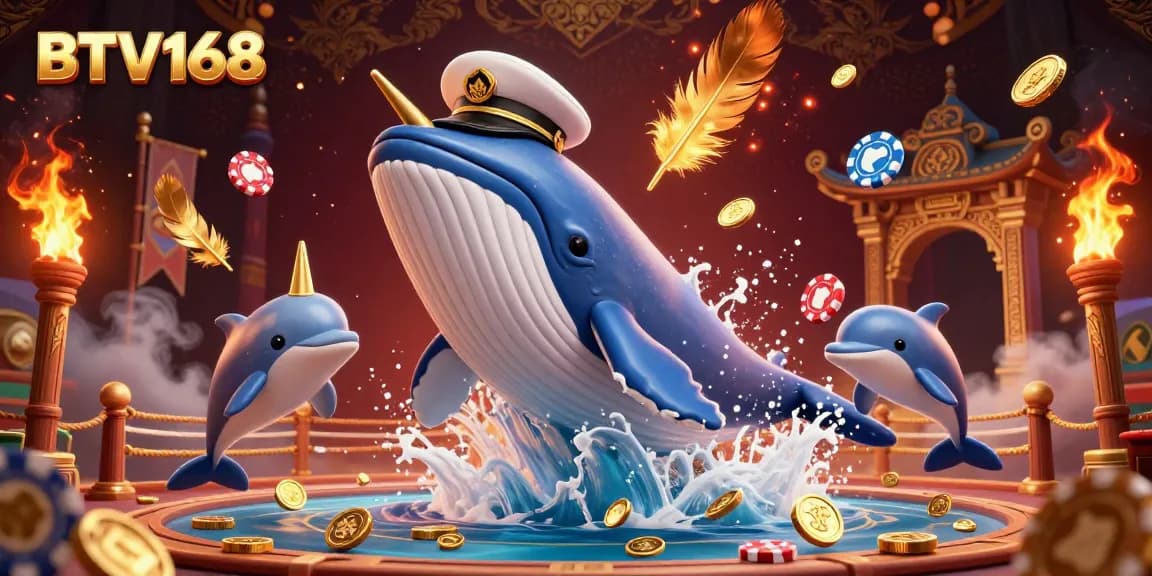 BTV168 showcases a vibrant casino scene with a cartoon whale, narwhal, and dolphins in action.