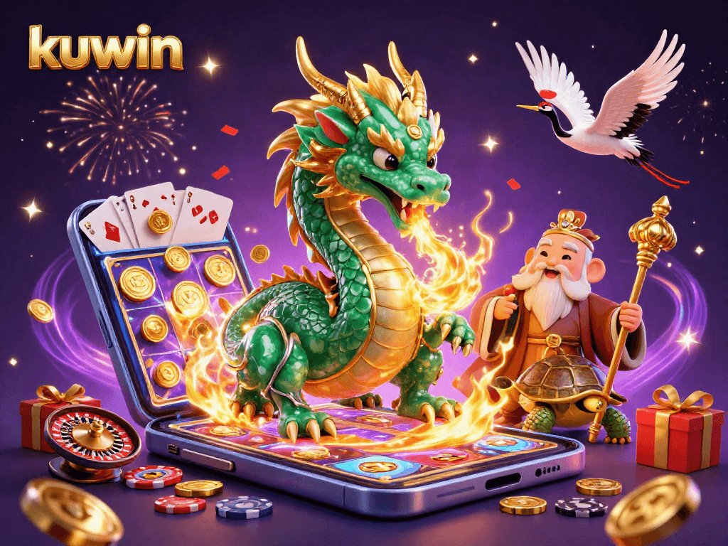 Kuwin players experience thrilling 3D casino illustrations with emerald dragon and lucky cranes.