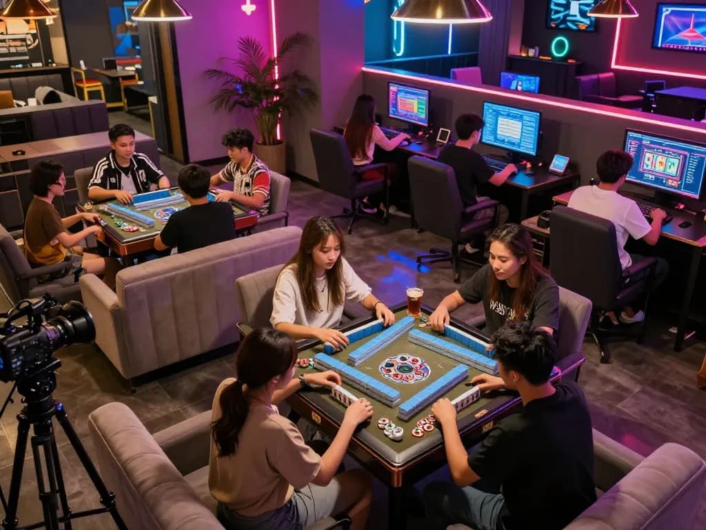 Friends excitedly playing slot mahjong in a vibrant gaming lounge during an evening session.
