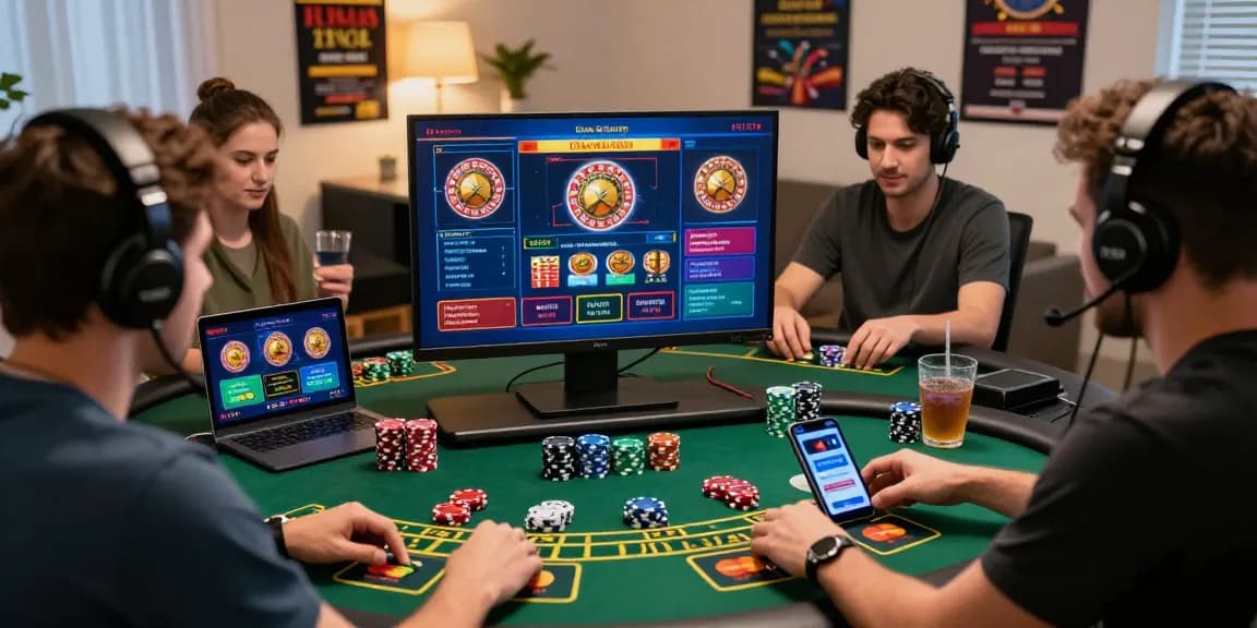 Engaging players enjoying games at mastercard casinos on their computers, showcasing payment options and vibrant atmosphere.