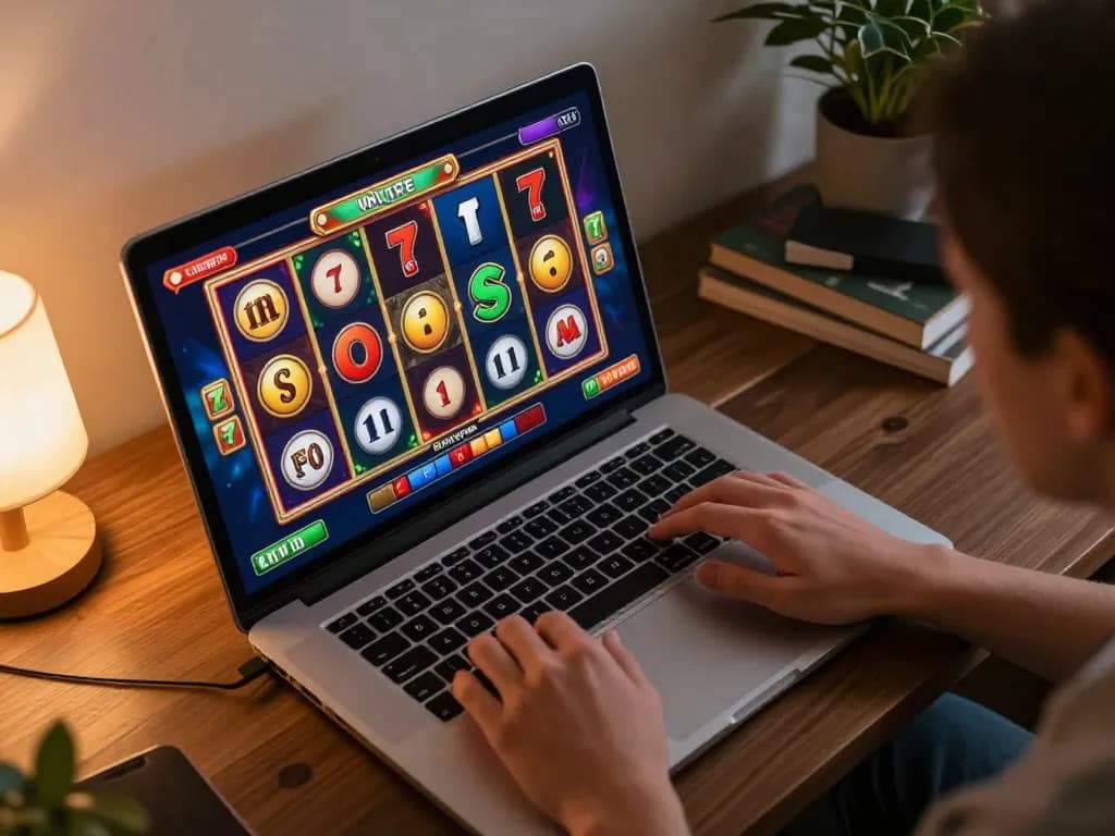Sesi permainan slot online yang menarik menunjukkan visual yang cerah di layar sambil bermain di rumah
