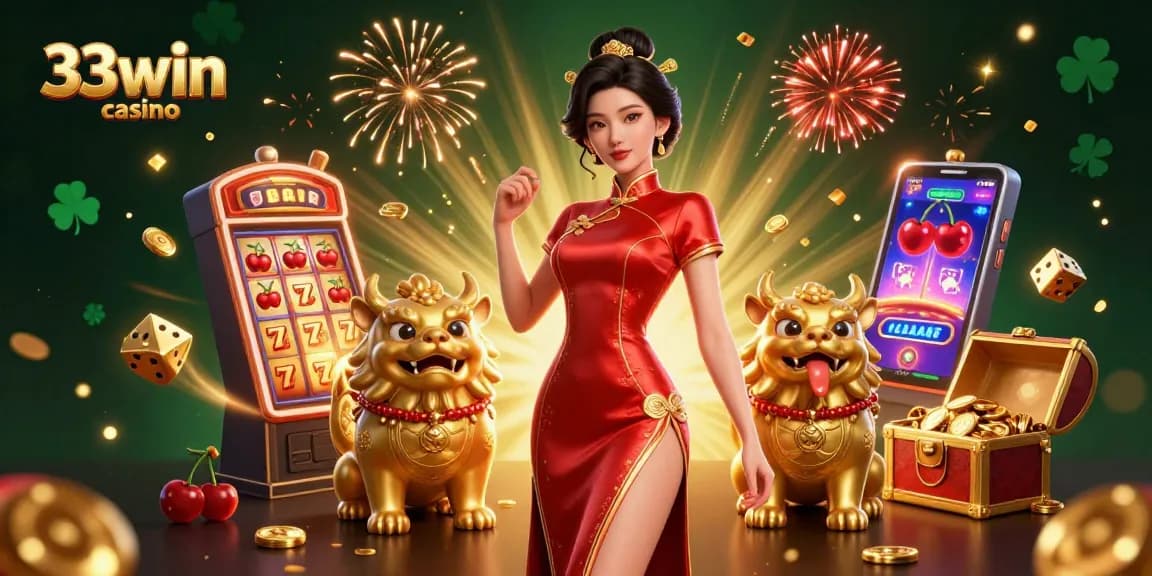 Experience the excitement of 33win casino with a glamorous woman, dazzling slot machine, and vibrant casino elements.