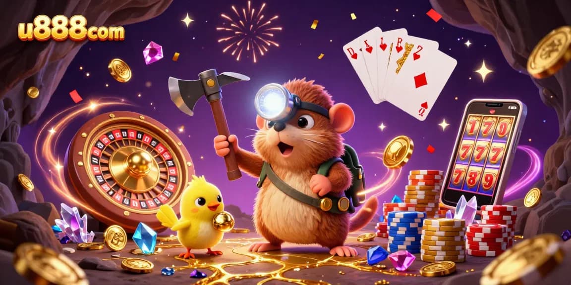 u888com offers a vibrant gaming experience with a treasure hunter mole and canary amidst sparkling gems and casino elements.