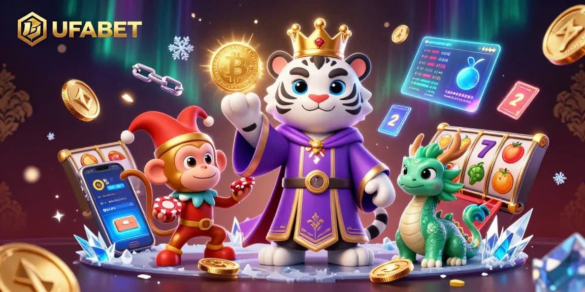 Experience the thrill of UFABET with vibrant scenes of a casino featuring slot reels and lucky charms.