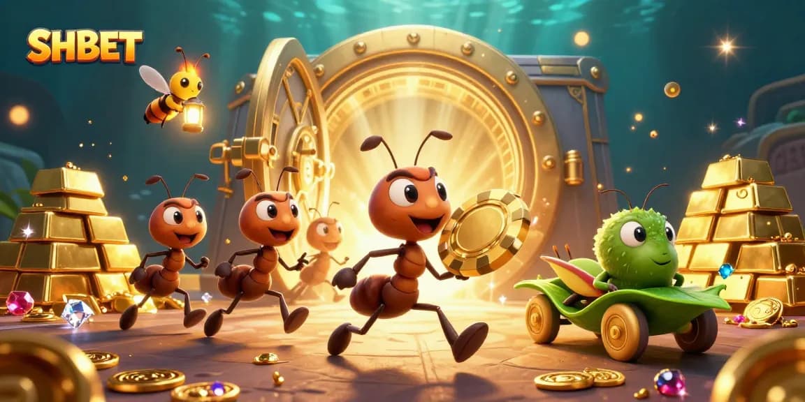 SHBET ant team heisting golden poker chip in a dynamic online casino adventure scene.