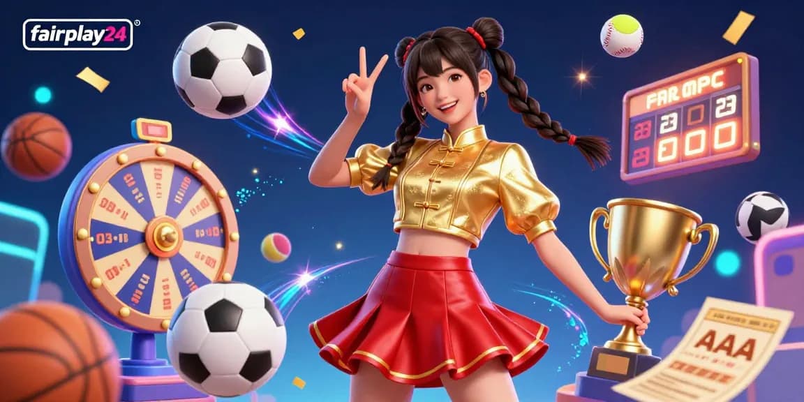 Experience thrilling sports betting action with fairplay24; vibrant 3D digital illustration depicting a lively woman celebrating with sports elements.