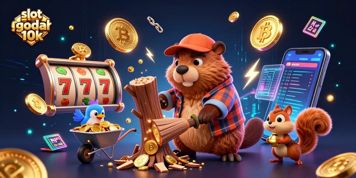 Engage with slot gacor modal 10k as a beaver chops a tree raining coins, showcasing vibrant casino elements.
