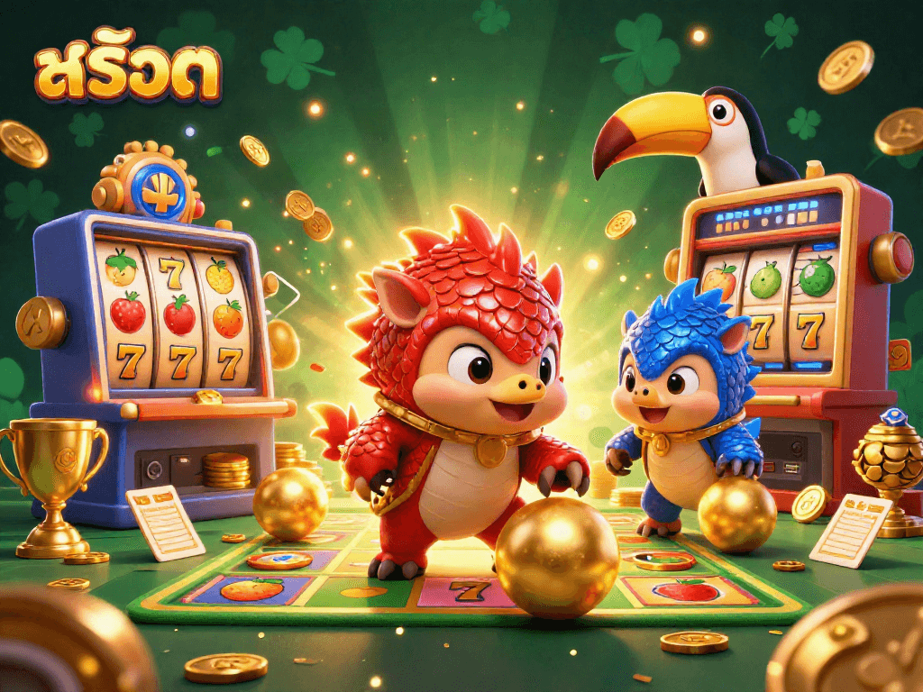 Battle of the pangolins in สล็อต gaming with golden jackpots and vibrant fruit symbols.