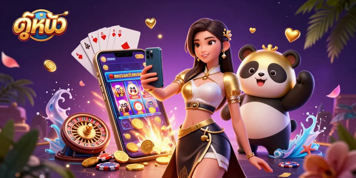 Engaging scene of a woman enjoying ดูหนัง online, amidst vibrant gambling elements, showcasing colorful games and rich graphics.