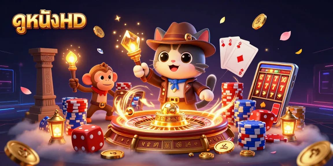 Engaging illustration of ดูหนังHD with an explorer cat finding golden casino artifacts amidst vibrant gaming elements.