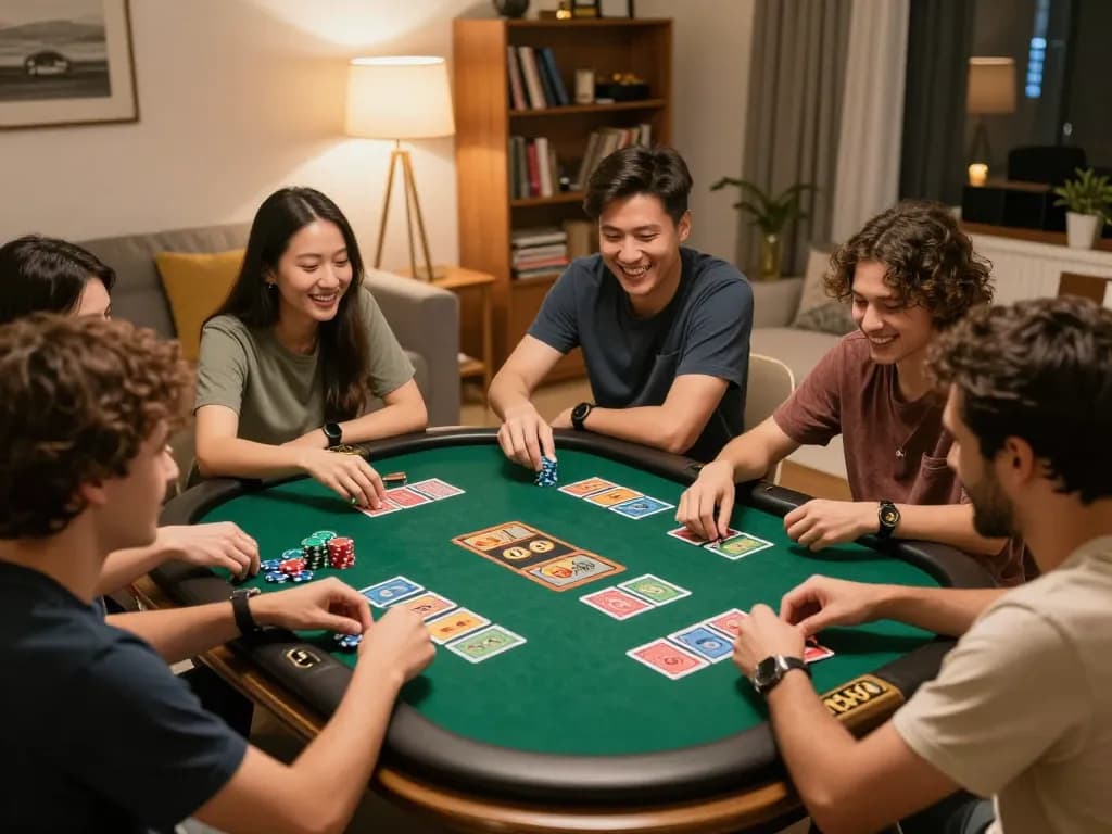 Friends enjoying a lively game night with 789 club poker, laughter and strategy in play