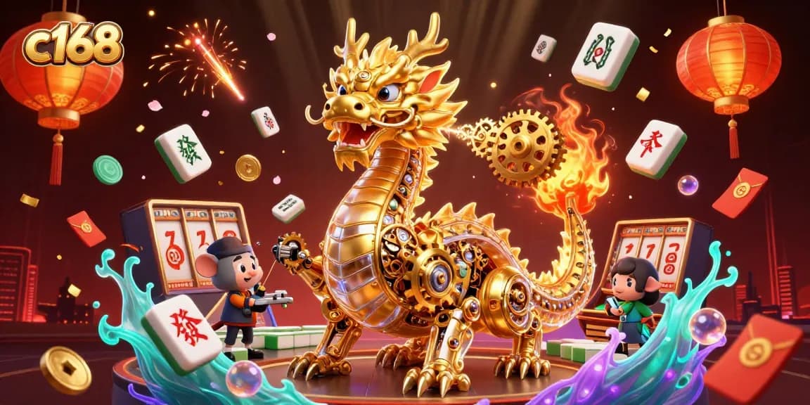 Engage with c168's vibrant 3D casino scene featuring captivating gaming elements and a biomechanical dragon.