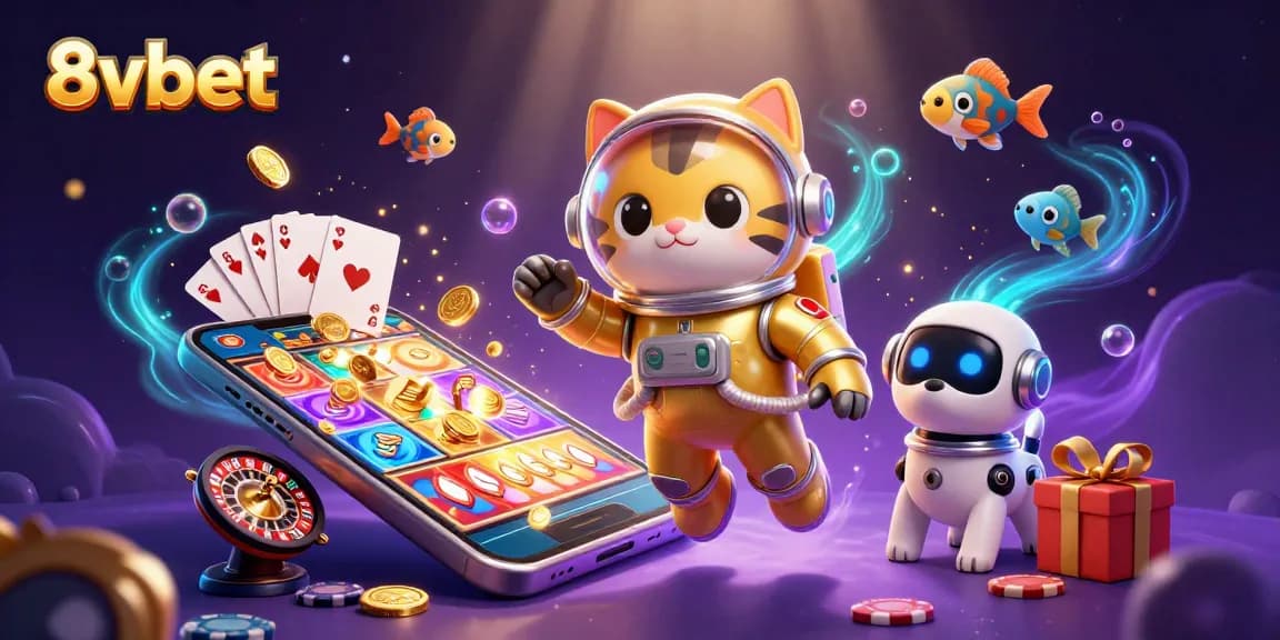 Experience thrilling casino action with 8vbet in this vibrant 3D illustration showcasing slots, games, and animated characters.