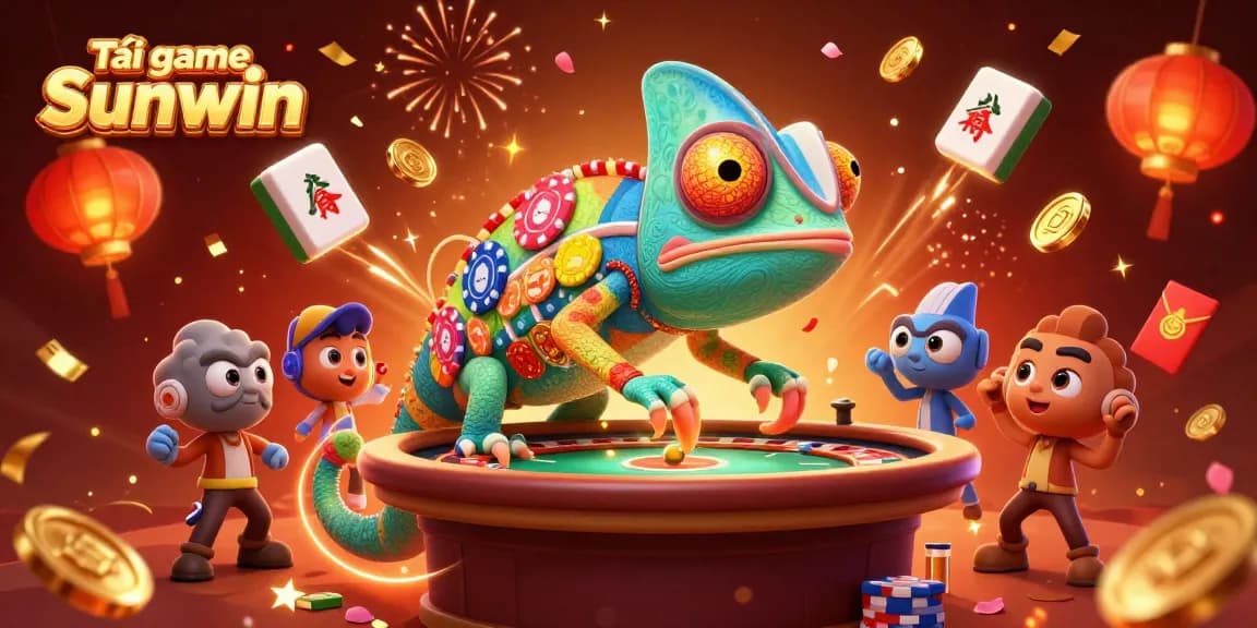 Tải game Sunwin with 3D chameleon casino owner amidst vibrant celebration elements in a casino world.