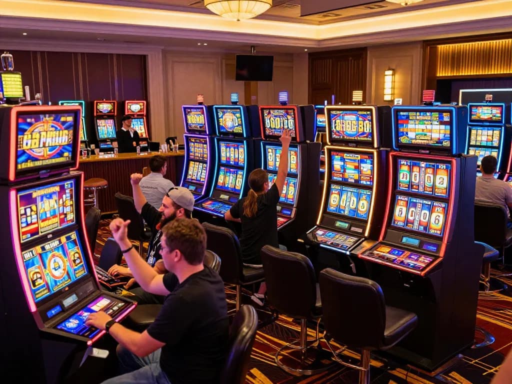 Players celebrating wins while spinning reels on slot online machines in a vibrant casino.