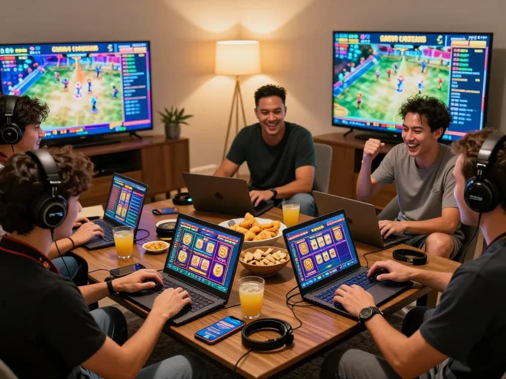 Friends enjoying slot gacor games in a lively online casino setup, laptops, snacks, and excitement in a cozy living room.