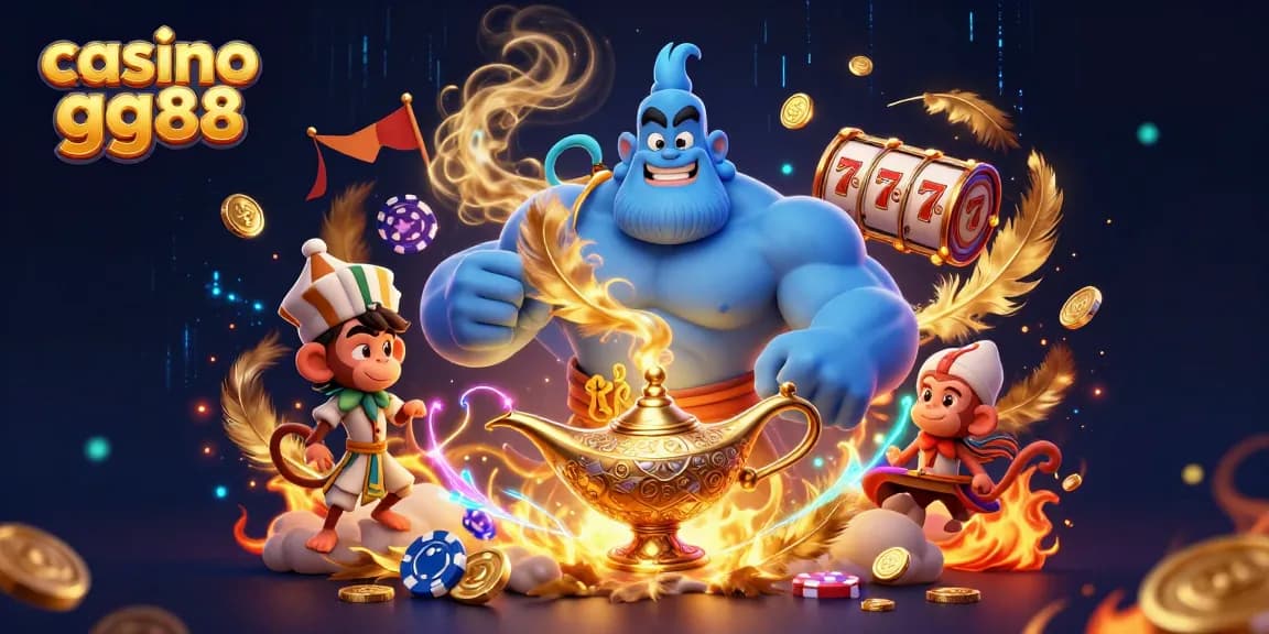 Engage in thrilling gameplay at casino gg88 with vibrant 3D illustration showcasing a magical genie and poker chips.