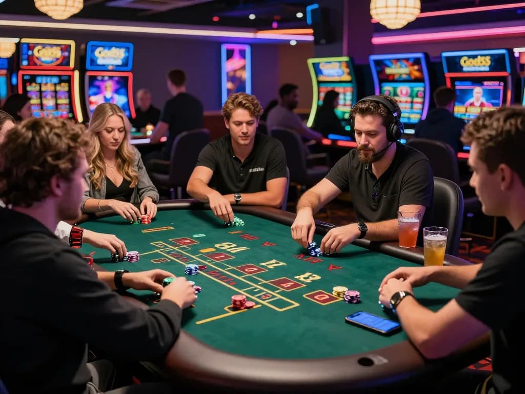 Engaging online casino atmosphere at https://god55.gg/ featuring diverse players enjoying baccarat with vibrant neon lights and promotions.