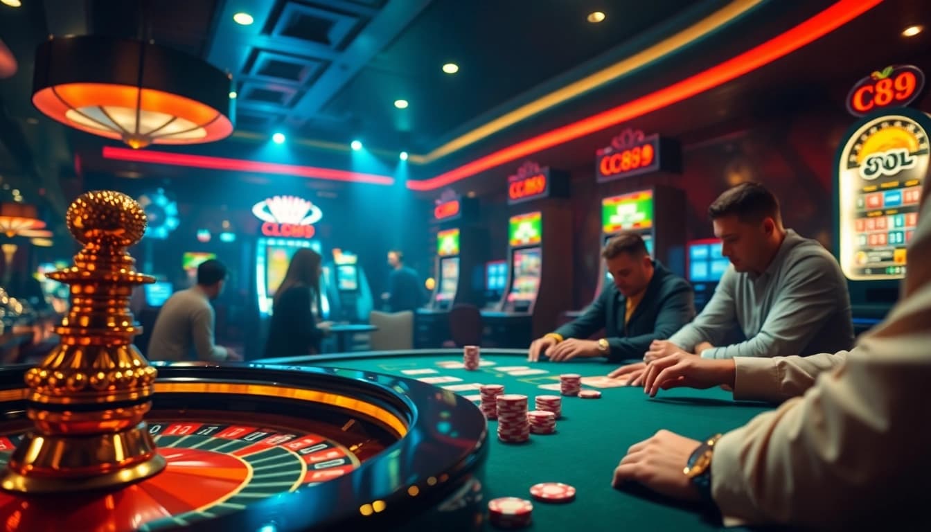 Experience excitement at LC88 casino with players engaged in a poker game surrounded by vibrant slot machines.