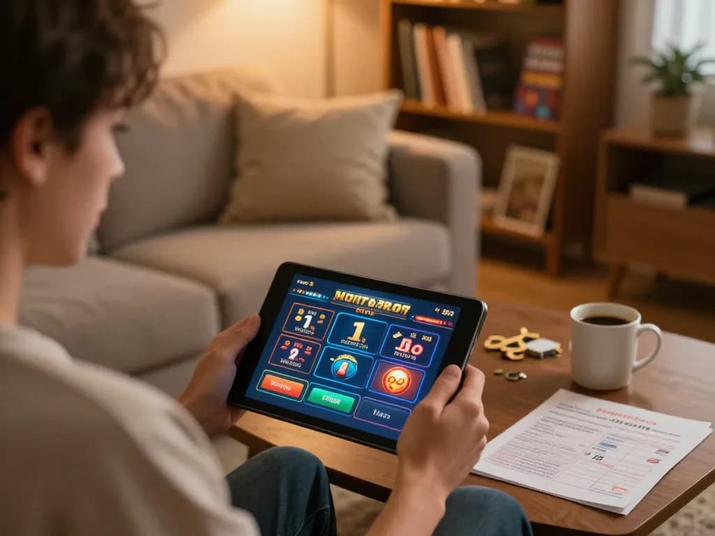 Engaging with god55 online casino using a tablet in a cozy home setting, showing strategy notes and game interface