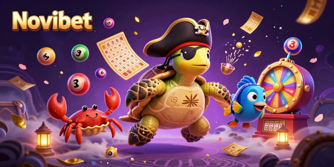 Place bets on Novibet's vibrant casino games with a whimsical pirate turtle and friends.