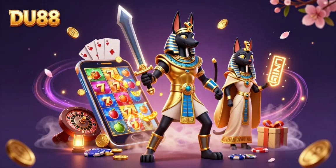 Experience exciting gameplay with DU88, featuring a vibrant scene of Anubis and Bastet amidst casino elements.