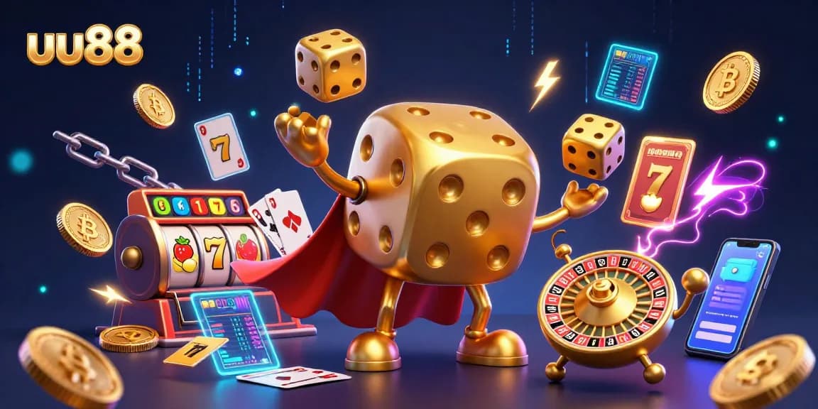 Experience the thrill of uu88 with a vibrant 3D casino illustration of a cheerful golden dice golem.