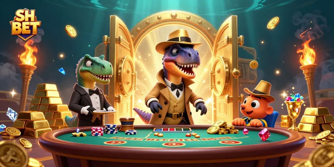 Experience thrilling gameplay at SH BET with a cartoon velociraptor card counter and a stegosaurus pit boss in action.