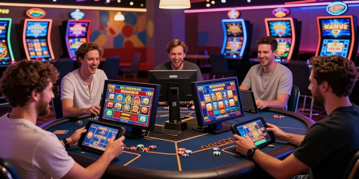 Players enjoying slots where you can buy bonus in an exciting casino atmosphere, with colorful game graphics and lively interactions.