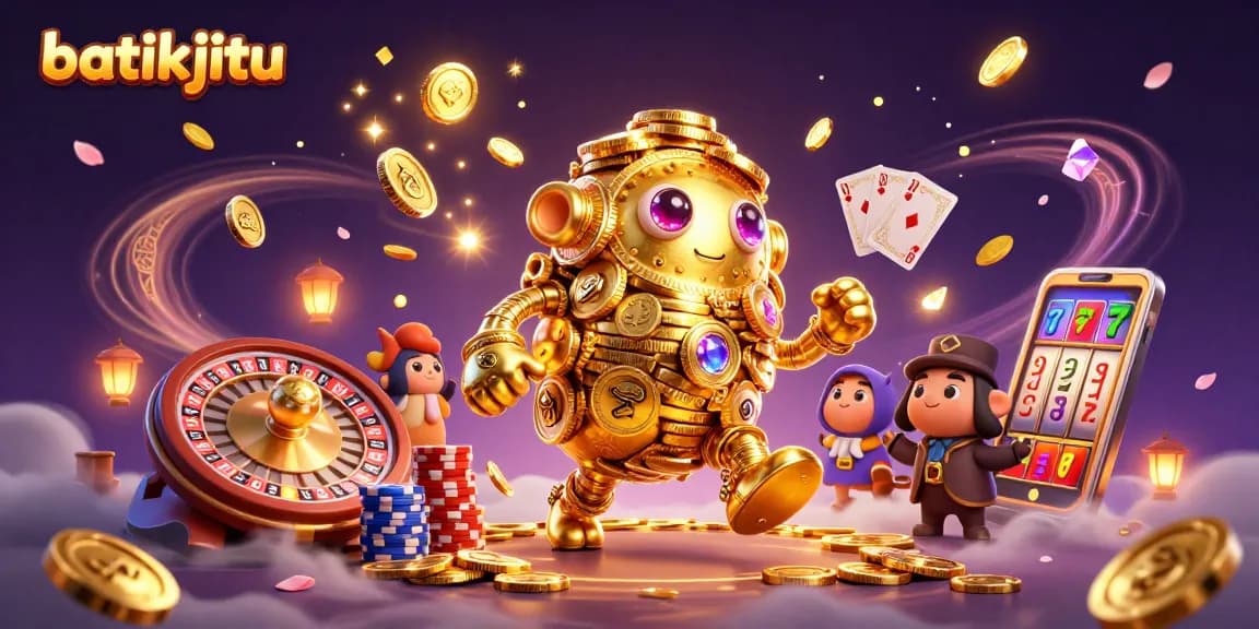 Batikjitu menghadirkan golem emas dengan simbol slot dan koin berkilau dalam permainan kasino